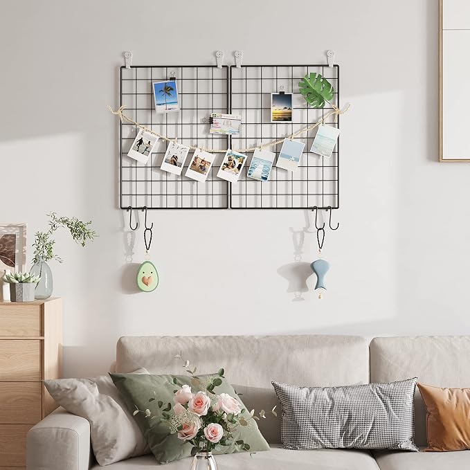 C&AHOME Photo Wall Display Set of 2, Wall Grid Panel, 17.7" x 25.6", Black | Photo Display Shelves, Wall Storagae Organizer, Hooks, Clips, Hemp Cord, Hammer - Image 5