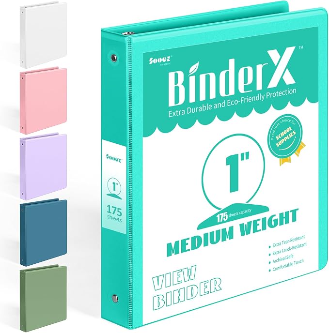 BinderX 3 Ring Binder 1 Inch, 1" Clear View Binder, Aqua Blue, Letter/ A4 | Extra Durable, PVC-Free, Customizable, Interior Pockets, 175-Sheet Capacity, Eco-Friendly, Reinforced Hinge, School, Office by Sooez