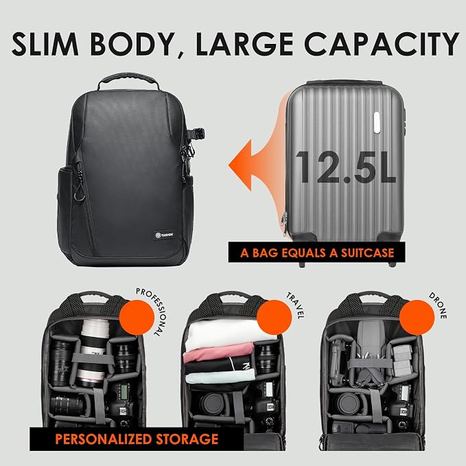 TARION Urban Camera Backpack for Photographers Compact 12.5L Black TRL | Side Access, Water-repellent, 14in Laptop Compartment, Padded Back Support, Rain Cover, for Outdoor Phtography Travel - Image 3