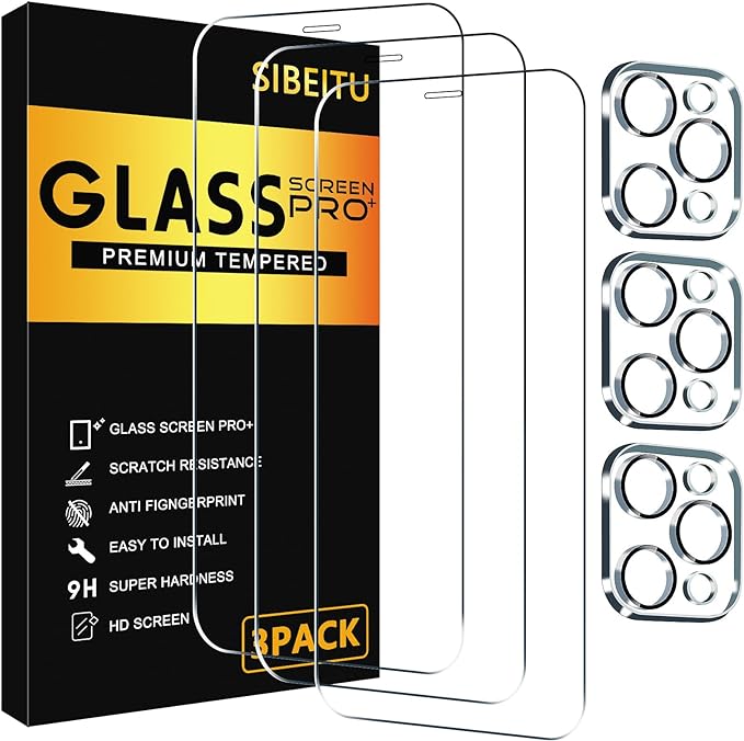 SIBEITU Screen Protector for iPhone 12 Pro Max 6.7 Inch Tempered Glass | 3 Pack Screen + 3 Pack Camera Lens Protector, 6.7 Inch HD 9H Hardness, Scratch Resistant, Sensor Protection, Case Friendly by SIBEITU
