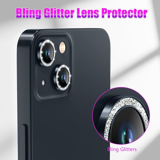 AGVEE 3+3 6 Pack for iPhone 13 & Mini Camera Lens Protector Cover | Individual Bling Diamond & Bling Glitter Sparkle Cute Gem Metal Ring, 9H Tempered HD Glass - Image 5
