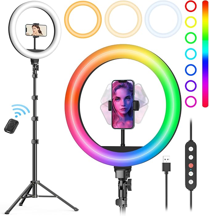 12'' Ring Light with Stand 72'' Tall & 2 Phone Holders,38 Color Modes Selfie Light with Tripod Stand, Big LED Ring Light for iPhone/Android/Camera,YouTube,Makeup - Image 9