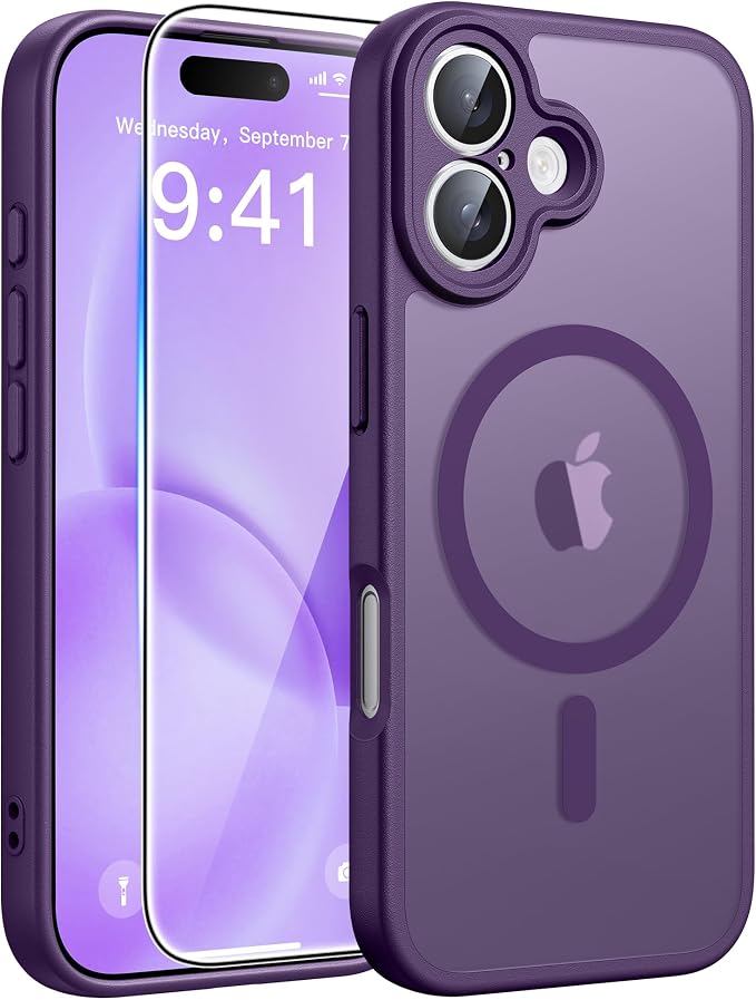 FNTCASE for iPhone 16 Case, Fit for Magsafe, Screen Protector, Purple | Full Camera Protection, Translucent Matte, 14FT Military Grade Drop Proof, Shockproof Protective Phone Cover by FNTCASE