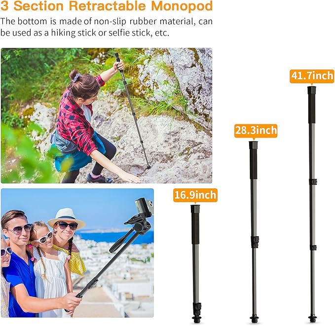66.7" Camera Tripod Monopod with 3-Way Swivel Head, Aluminum Camera Stand | Camera Tripod with Quick Release Plate & Carry Bag, Fits Canon Nikon DSLR, GoPro, Video Cameras, Camcorders and Smartphones - Image 3