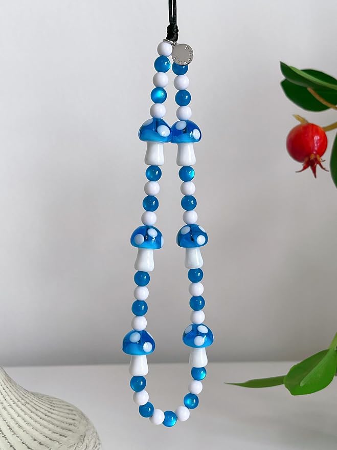 Drawwind Phone Charm Beaded Wristlet Strap Universal Cell Phone Lanyard Cute Bracelet Wrist Strap Beaded Chain String Handmade Accessories for Case Camera Bags (Blue Mushroom) - Image 3