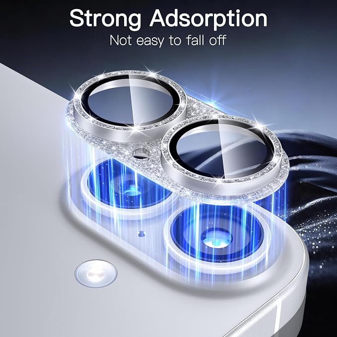 [2 Pack Bling Camera Lens Screen Protector for iPhone 17 with 9H Tempered Glass Aviation Aluminum Plate Cover Metal Ring,Night Circle,No Bubble,HD Clarity,Easy Installation-Glitter Silver - Image 6