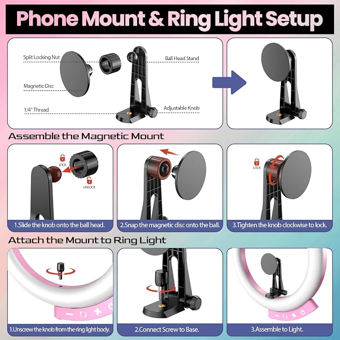 UBeesize 12'' LED Ring Light with 62'' Tripod Stand and Magnetic Phone Holder, Selfie Ring Light for Video Recording, Live Streaming, Compatible with iPhone & Android (Pink) - Image 3