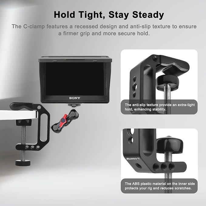 Camera Clamp Mount C Clamp with 1/4'' Screw Magic Arm - Perfect for Cameras, LED Video Lights, Monitors, Flash, Desk, Microphone, Action Camera - Image 4