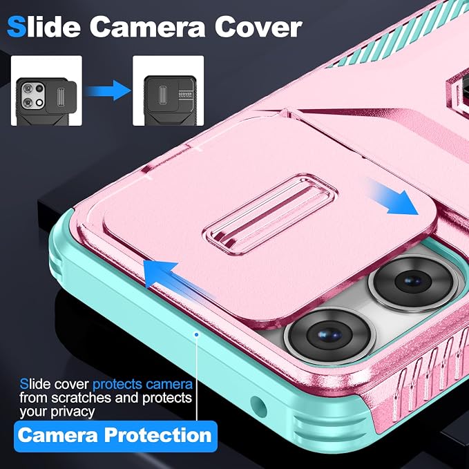 for Moto G 5G 2025 Case,with Sliding Camera Lens Cover,HD Screen Protector,360° Rotating Ring Kickstand,AYMECL Military-Grade Shockproof Protective Cover for Motorola Moto G 5G 2025,Pink+Turquoise - Image 3