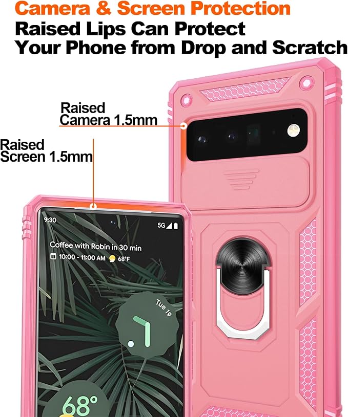for Google Pixel 6 Pro Case with Slide Camera Cover & Screen Protector (2 PCS), Pixel 6 Pro Case Build in 360° Rotating Ring Kickstand, Military Grade Protective Case for Google 6 Pro Case, Pink - Image 5