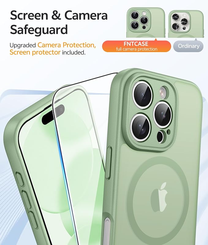 FNTCASE for iPhone 16 Pro Max Case, Fit for Magsafe, Glass Screen Protector | Full Camera Protection, Translucent Matte, 14FT Military Grade Drop Proof, Shockproof Protective Phone Cover, Light Moss - Image 4