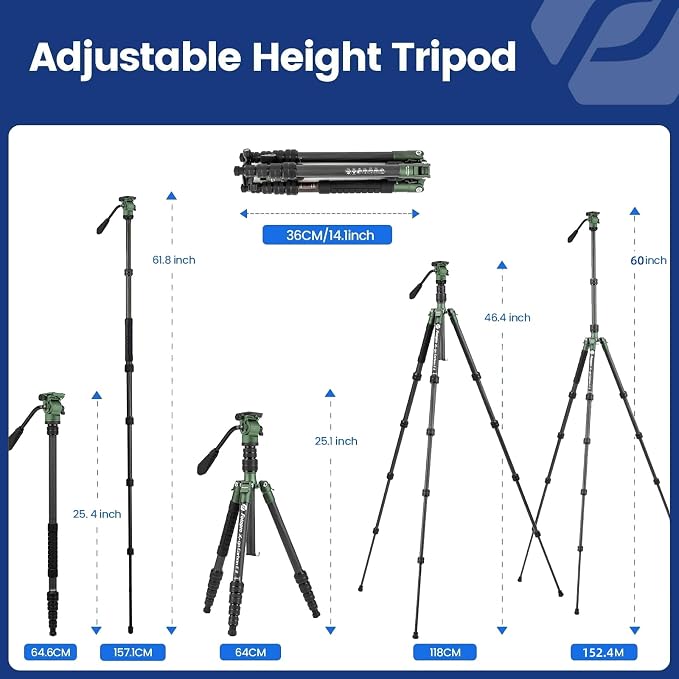 Fotopro 62" Carbon Fiber Travel Tripod, Lightweight Compact Video Tripods with Fluid Head, Detachable Monopod with Arca-Swiss Quick Release Plate and Bag, Camera Tripod Load up to 8KG/17.63lbs, Green - Image 4