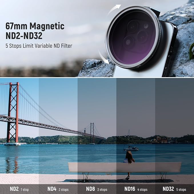 NEEWER 67mm Clip On Variable ND2-ND32 Phone Lens Filter Kit, Phone Clip with Magnetic Adapter Ring/Cold Shoe/Locking Knob, HD Magnetic ND Filter for iPhone 15 Pro Max 14 13 Galaxy S22 S23 S24 Ultra - Image 3