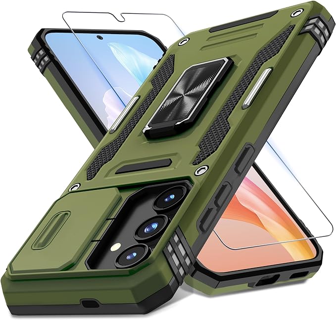 DEERLAMN Case for Samsung Galaxy S24 6.2-Inch with Slide Camera Cover+Screen Protector(1 Pack), Rotated Ring Kickstand Military Grade Shockproof Protective Cover-Olive Green by DEERLAMN