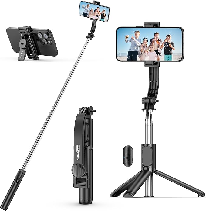 SelfieShow Selfie Stick, Extendable Selfie Stick Tripod with Wireless Remote and Tripod Stand, Portable, Lightweight, Compatible with iPhone 17 16 15 14 13 12 Pro Xs Max/Samsung Smartphone and More by SelfieShow