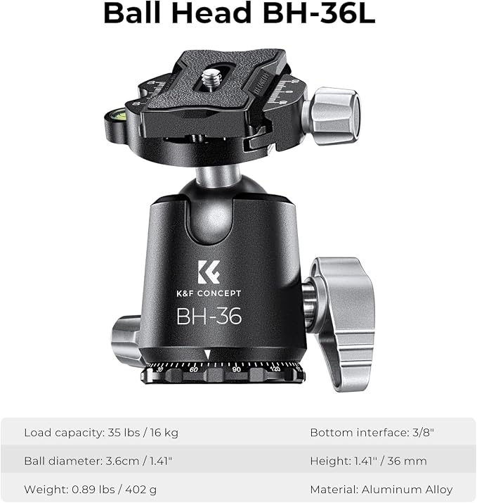 K&F Concept X-Series 68" Carbon Fiber Camera Tripod | Professional Photography Tripod, 1.42" Metal Ball Head, Load Capacity 35.2lbs, Indoor Outdoor Use,X284C4+BH-36 - Image 5
