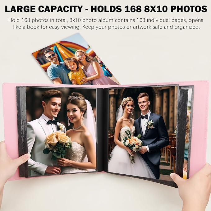 Aevdor 8x10 Photo Album, 168 Photos, Leather Cover, Pink | Large Capacity, Side-Loading Clear Pockets, Vertical 8x10 Layout, Black Inner Pages, Wedding, Travel, Baby & Family Memories - Image 4