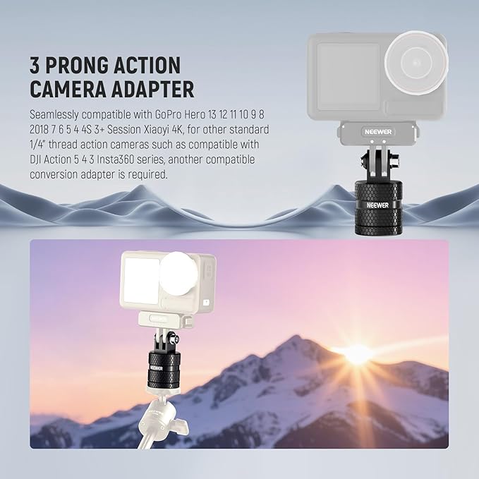NEEWER Action Camera Tripod Mount Adapter Compatible with GoPro Hero 13 Go Pro 12 11 10 9 Black DJI Osmo Action 5 Pro 4 3, 360° Swivel 1/4"-20 to 3 Prong Mount for Standard 1/4 Accessories, GP-89 - Image 2
