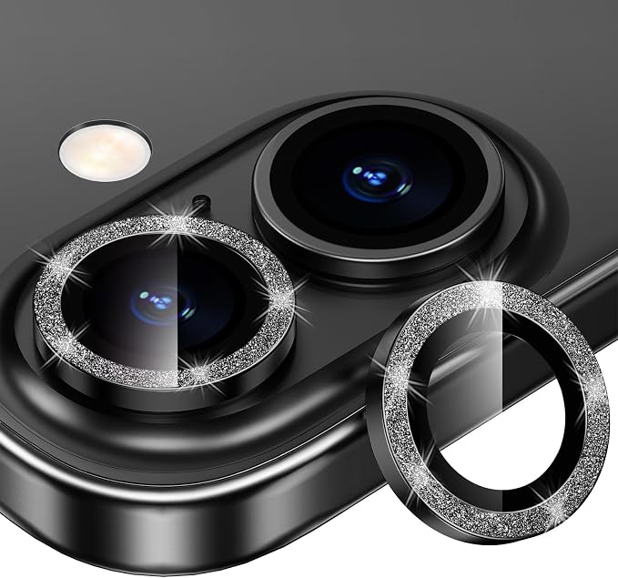 for iPhone 16/16 Plus Camera Lens Protector Bling Glitter, Black | Individual Metal, 9H Hardness, Scratch Resistant, Shockproof, Drop Protection, Case Friendly, Stylish Accessories by Xfilm