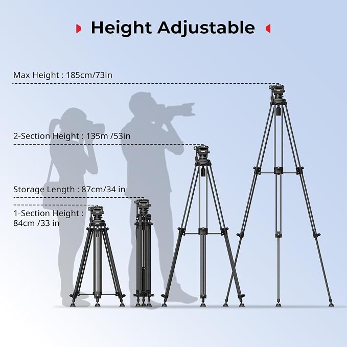 SMALLRIG 73''/185cm Carbon Fiber Heavy Duty Video Tripod, Max Load 10kg (22lbs), Fluid Head with +85° to -78 Tilt Range, Compact Camera Tripod Weight 2.7kg(6lbs), Folded Height 87cm, AD-14 - Image 5