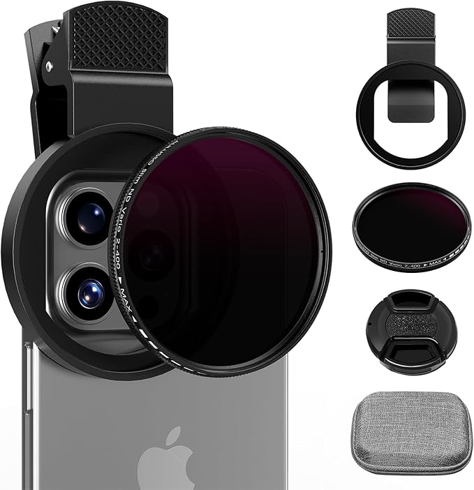52mm Variable ND2-ND400 Filter with Upgraded Phone Clip, Neutral Density Filter Lens for iPhone 16/15/14/13 Pro Max Samsung Moto Google TCL, HD Double-Sided Multi-Coated Glass by ALILUSSO