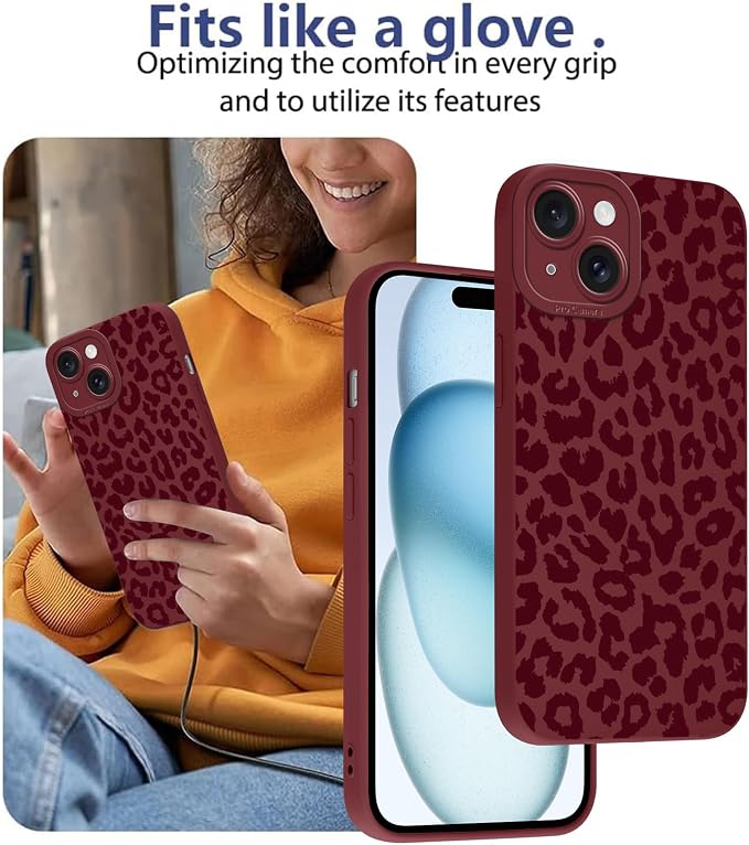 Cute Burgundy Cheetah Print Phone Case for iPhone 15 6.1" | Aesthetic Leopard Pattern Design Cover Full Camera Lens Protective Shockproof Soft Slim TPU Funda for Women Girls - Image 7