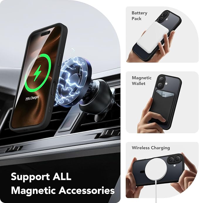 CAPRARO for iPhone 16 Case, Compatible with MagSafe Black | Upgraded [Full Camera Protection] Protective Translucent Matte Women Girl Magnetic Phone Case Cover, Black - Image 3