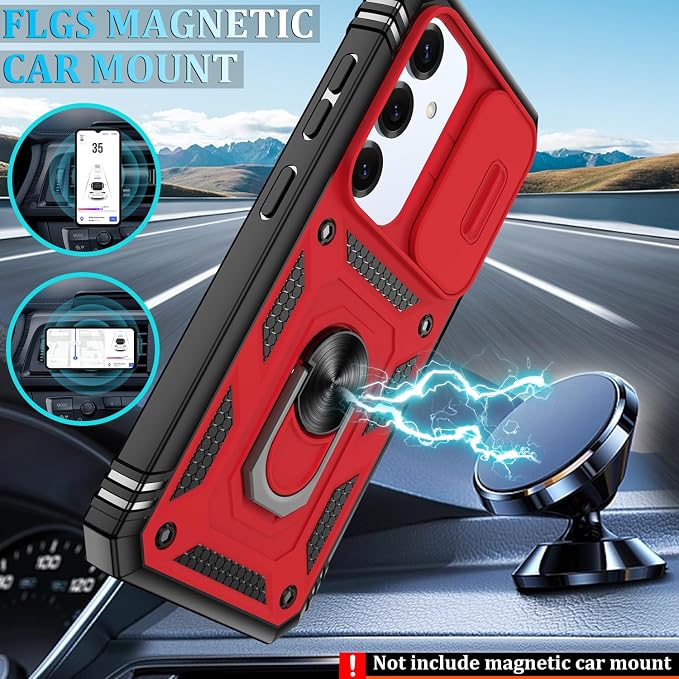 Gritup Fit for Samsung Galaxy S25 Case with Slide Camera Cover | 2 Pcs Screen Protector, Build in 360° Rotating Ring Kickstand, Military Grade Protective Phone Case, Red+Black - Image 6