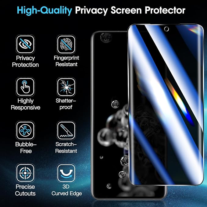Didisky For Samsung Galaxy S20 Ultra Privacy Screen Protector 2 Pack Tempered Glass and 2 Pack Camera Lens Protector, 3D Curved Full Coverage, Easy to Install,Anti-Spy, Anti Scratch,9H - Image 2