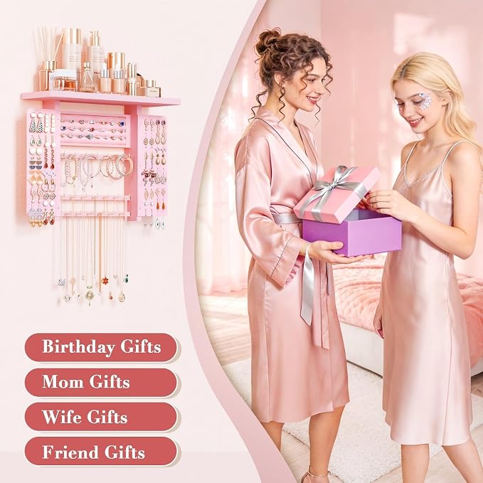 Emfogo Jewelry Organizer Hanging Wall Mounted Jewelry Holder, 5-in-1 Large Capacity Wood Necklace Organizer Wall Display for Ring, Necklaces, Bracelets, Earrings (Pink) - Image 7