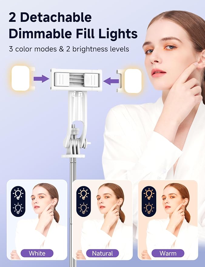 Selfie Stick Tripod with 2 Light, 3 Light Modes & 6 Brightness Levels Extendable Phone Tripod with Detachable Remote & Phone Holder, Portable Camera Tripod Compatible with iphone16 15 14 13/Android - Image 3