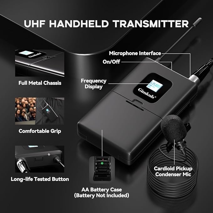 Gimkuls Wireless Lavalier Microphone System, Dual UHF Cordless Lapel Mic Set with 2 Bodypacks, 200 Channels, 328ft Range, XLR/6.35mm Outputs for Church, Speaking, Teaching, Interview - Image 4