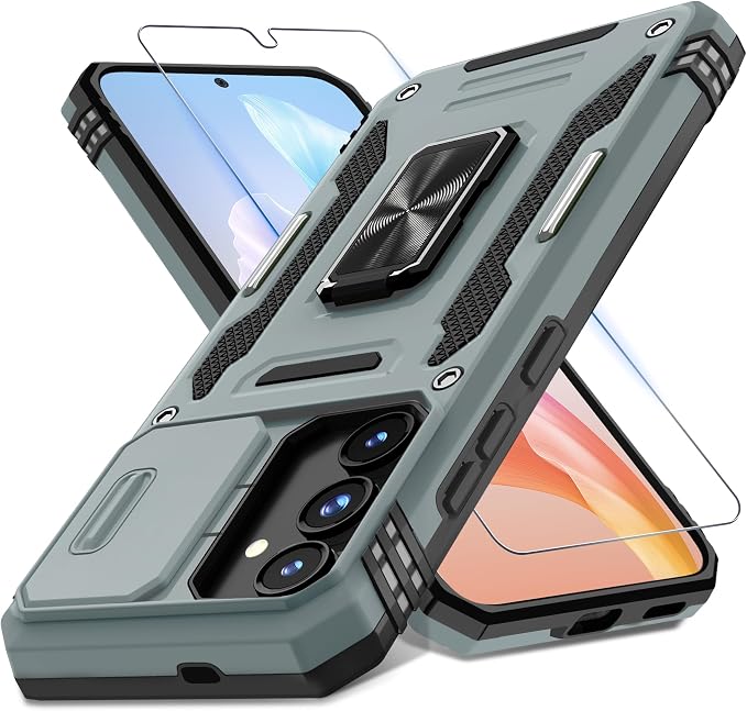DEERLAMN Case for Samsung Galaxy S24 6.2-Inch with Slide Camera Cover+Screen Protector(1 Pack), Rotated Ring Kickstand Military Grade Shockproof Protective Cover-Grey by DEERLAMN