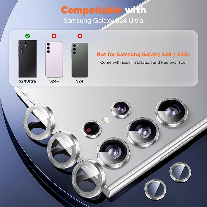 Hoerrye for Samsung Galaxy S24 Ultra Camera Lens Protector - Silver | Top 9H+ Tempered Glass, 12FT Military Grade, Case Friendly, Invisible Fit, Camera Screen Protector Cover Accessories - Image 2