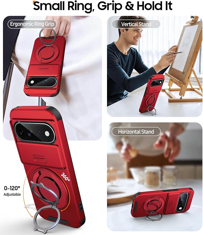 JAME for Google Pixel 10 Pro XL/11 Pro XL Case, Stand & Slide Camera Cover | Ring Holder Kickstand, Screen Protectors, Dual-Layer Shockproof Protective, Magnetic Accessory Friendly Phone Case, Red - Image 3