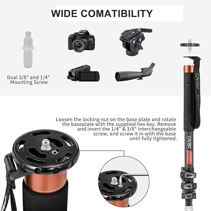 Cayer CF34DV Carbon Fiber Monopod, 68" with Folding Feet for Camera | Carbon Fiber Tube, Folding Feet, 4-Section, 68" Height, Monopod Leg with Feet Only - Image 4