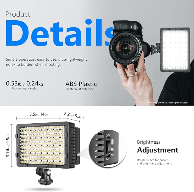 NEEWER 160 LED CN-160 Dimmable Ultra High Power Panel Camera Video Light | Camcorder LED Light, Compatible with Canon Nikon Pentax Panasonic SONY Samsung and Olympus Digital SLR Cameras - Image 6