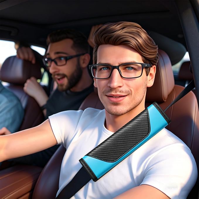 Carbon Fiber PU Leather Seat Belt Covers - 2Pcs, Black and Blue Sporty Seat Belt Pads, Universal Fit for Car Truck SUV - Image 7