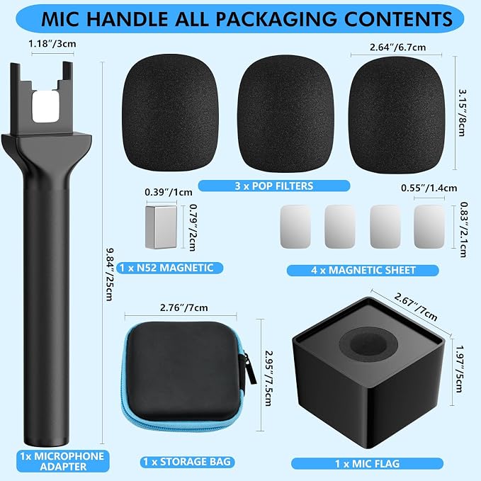 Mic Handle for DJI 1/2/3/Mini 1/2, Microphone Holder for Rode Wireless GO/Hollyland Lark/Lavalier Mic, Universal Magnetic Microphone Stand with 3 Pop Filter for Vlogging/Interview/Podcast/Reports - Image 4