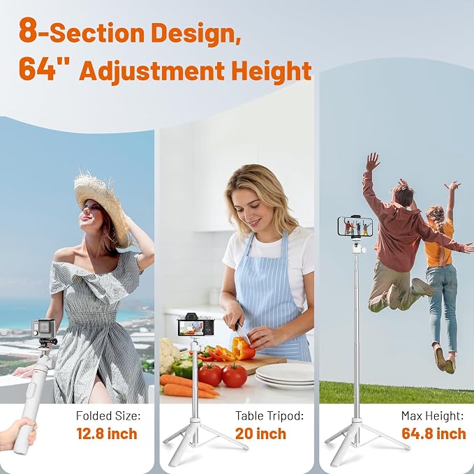 JOILCAN Tripod for iPhone & Camera, 64" Selfie Stick 360° Ball Head Remote | Extendable Portable Phone Tripod Stand for Travel Vlog Compatible with iPhone DJI Canon Sony DLSR (White) - Image 5
