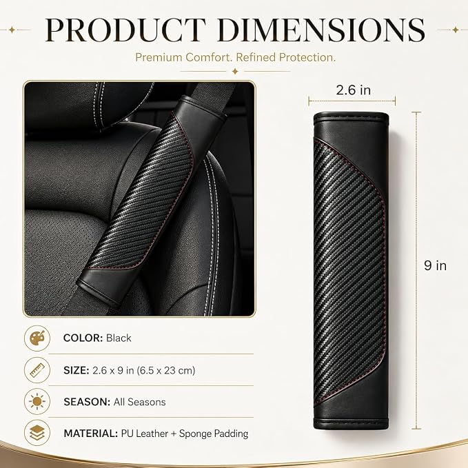 Carbon Fiber PU Leather Seat Belt Covers - 2Pcs, Black with Red Stitching Sporty Seat Belt Pads, Universal Fit - Image 2
