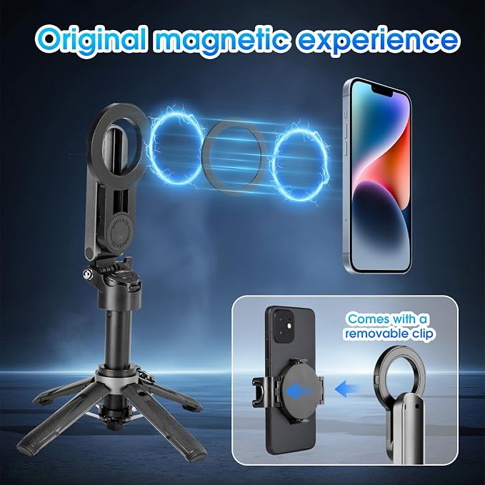 Magnetic Tripod for Phone,2 in 1 for Magsafe Stand＆ Clip Portable Pocket Size Selfie Stick for Android/iPhone,Phone Holder with Wireless Rechargeable Remote Control for Photography, Live Streaming - Image 3