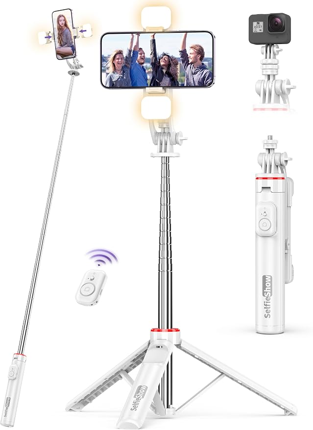 Selfie Stick Tripod with 2 Light, 3 Light Modes & 6 Brightness Levels Extendable Phone Tripod with Detachable Remote & Phone Holder, Portable Camera Tripod Compatible with iphone16 15 14 13/Android by SelfieShow