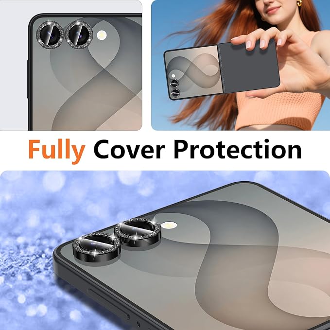 for Samsung Galaxy Z Flip 8 Camera Lens Protector, Individual Metal Ring Tempered Glass Lens Cover, [Strong Adsorption] Scratch Resistant Ultra-Thin HD Clear Lens Cover, 1 Set-Black Sparkly - Image 8