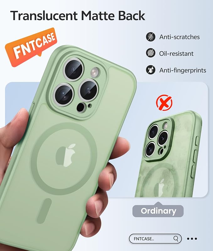 FNTCASE for iPhone 15 Pro Max Case, Fit for Magsafe, Glass Screen Protector | Full Camera Protection, Translucent Matte, 14FT Military Grade Drop Proof, Shockproof Protective Phone Cover, Light Moss - Image 6