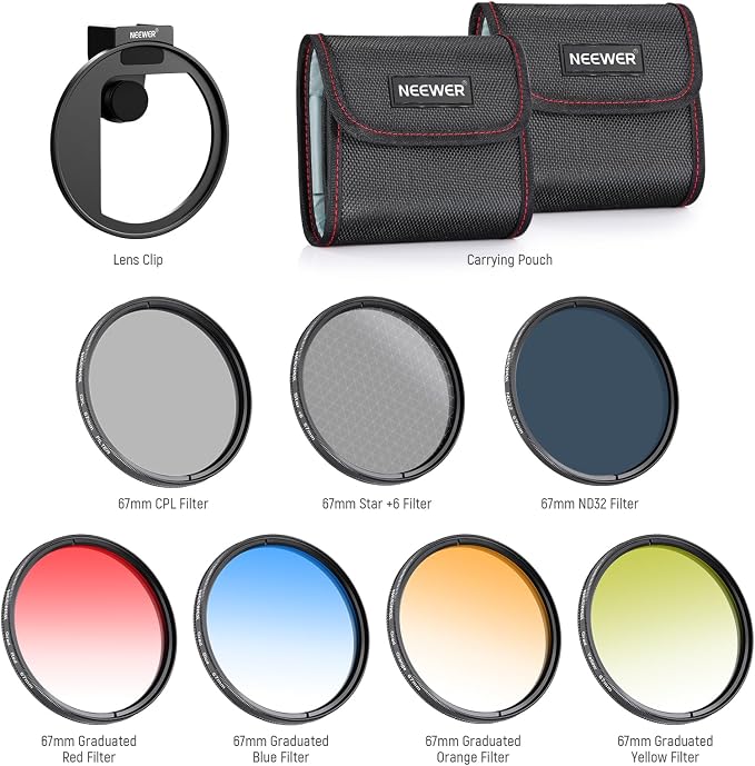 NEEWER Clip On 67mm Phone ND Filter Kit with Cold Shoe Lens Clip, CPL/ND32/6 Point Star/4 Graduated Color Filter Compatible with iPhone 17 16 16e 15 Android Samsung Galaxy S25 Ultra S24 - Image 9