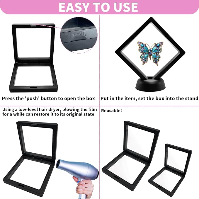 3D Floating Frame Display Cases, 10Pcs Transparent PE Film Jewelry Storage Box with Base Challenge Coin Display Frames Holder Stands Small Shadow Box Frame for AA Medallions Medal, Rock, Ring Necklace - Image 5