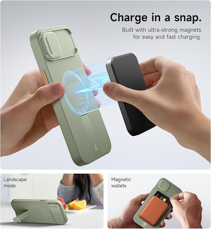 SURITCH for iPhone 14 Plus/15 Plus Case with Magnetic Camera Slide Cover and Adjustable Kickstand, Compatible with MagSafe, Shockproof Bumper Case Slim Protective Cover 6.7 Inch, Green - Image 3