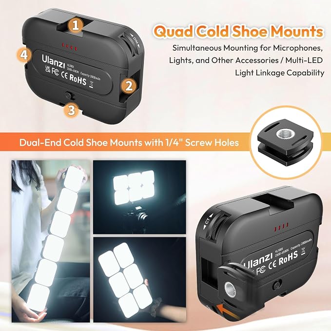 Ulanzi VL100X Selfie Light, Mini Clip LED Light Panel for Phone Bi-Color | 2500-6500K, Dimmable, with 4 Cold Shoe, 2000mAh Battery Typ-c Charge, for iPhone Laptop/Tablet/Camera, Video Conference Vlog - Image 4