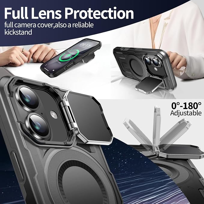 Camera Stand Case for iPhone 16, [Compatible with MagSafe] [Lens Cover] 2024 Version Military Grade Protective Soft Case for iPhone 16 6.1 inch Men Women, Black - Image 6